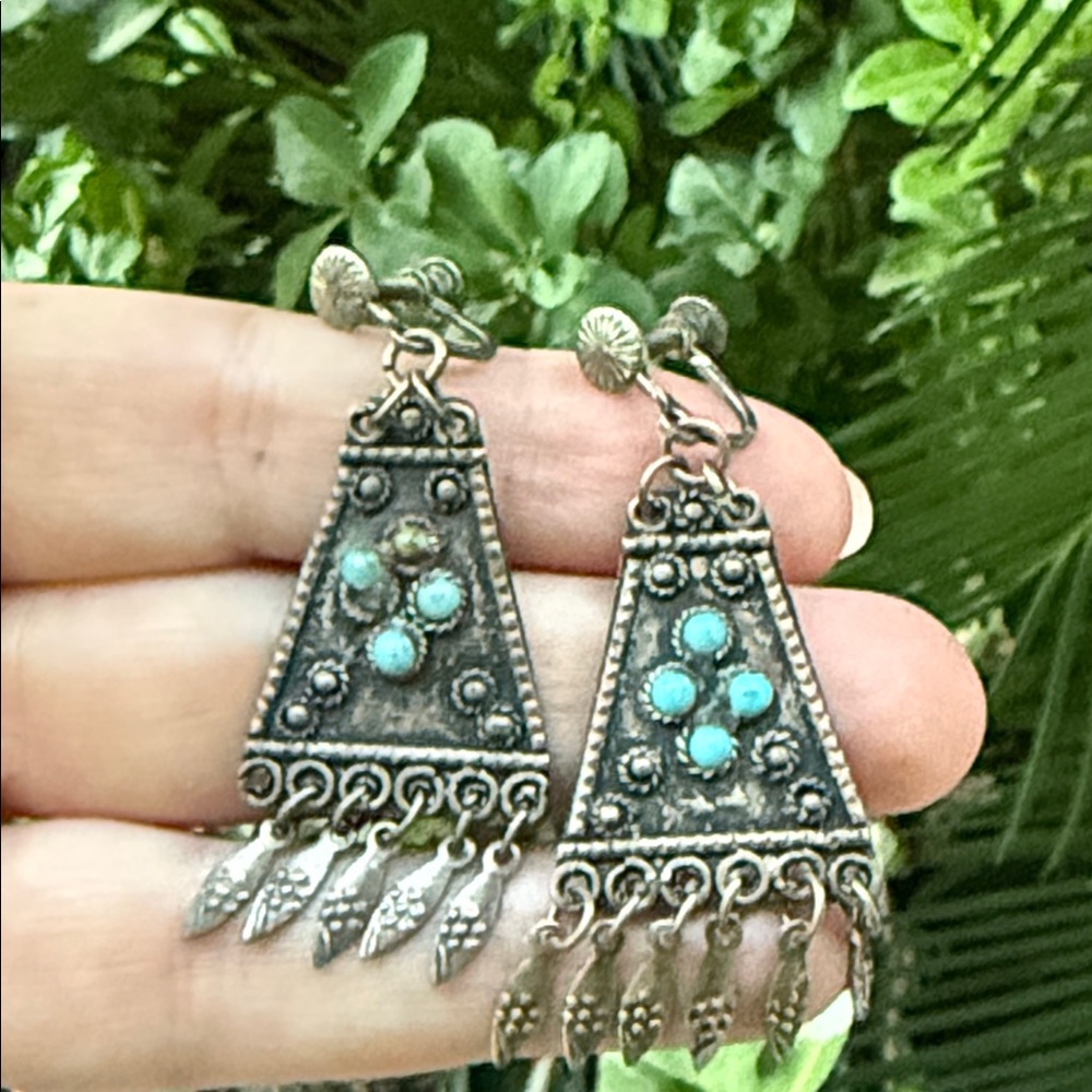 Vintage Silver and Turquoise Tribal Earrings